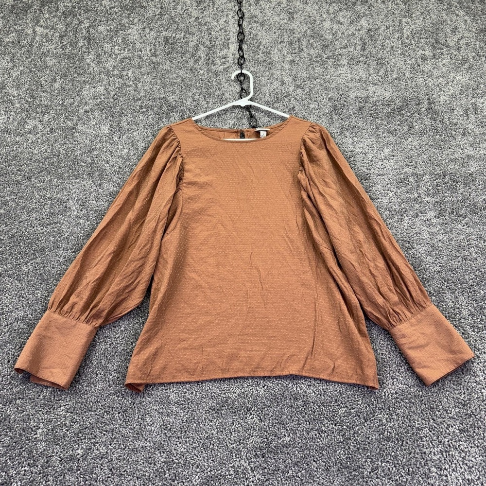 A New Day Blouse Womens Large Brown Swiss Dot Balloon Sleeve Casual Top